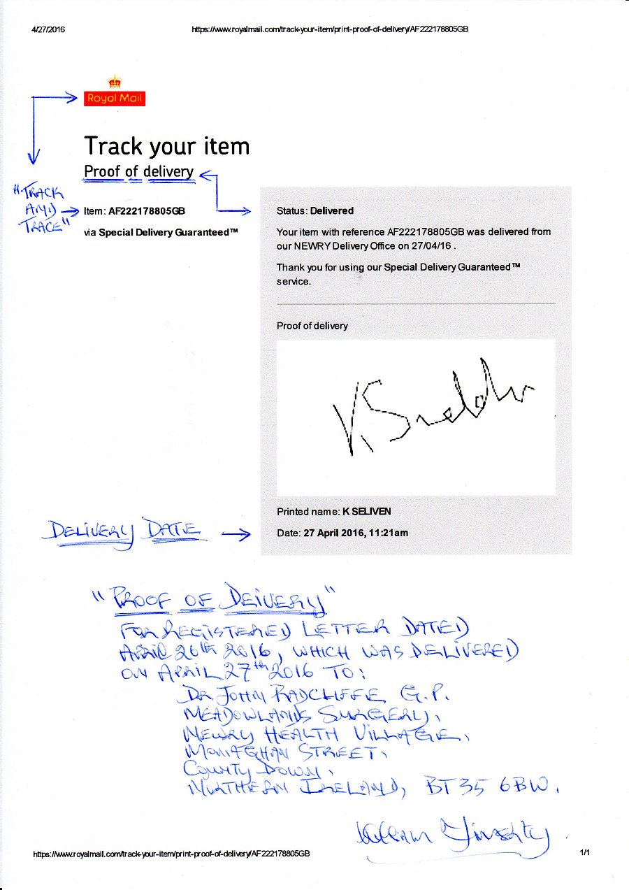 Registered Letter Dated April 26th 2016 to Dr John Radcliffe GP